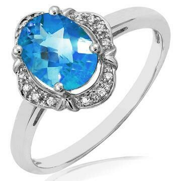 Vintage Inspired Oval Blue Topaz Ring with Diamond Halo 14KT Gold