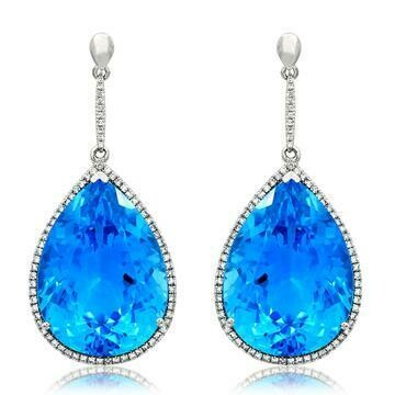 Premium Blue Topaz Dangle Earrings with Diamond Halo 14KT Gold Premium Blue Topaz Dangle Earrings with Diamond Halo 14KT Gold