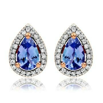 Tanzanite Teardrop Stud Earrings with Diamond Halo in 14KT Rose Gold