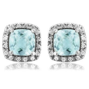 Cushion Aquamarine Stud Earrings with Diamond Halo 14KT Gold Cushion Aquamarine Stud Earrings with Diamond Halo 14KT Gold