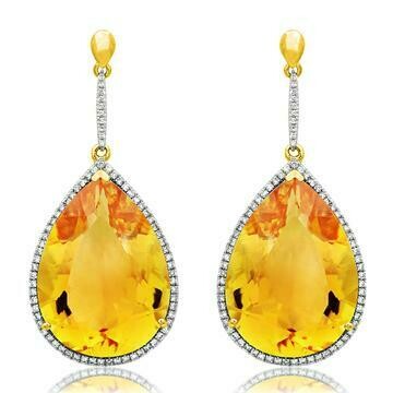 Premium Citrine Dangle Earrings with Diamond Halo 14KT Gold Premium Citrine Dangle Earrings with Diamond Halo 14KT Gold