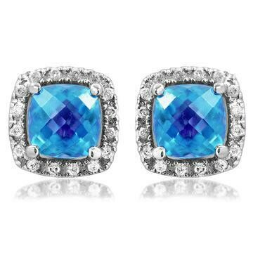 Cushion Blue Topaz Stud Earrings with Diamond Halo 14KT Gold Cushion Blue Topaz Stud Earrings with Diamond Halo 14KT Gold