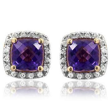 Cushion Amethyst Stud Earrings with Diamond Frame Yellow Gold Cushion Amethyst Stud Earrings with Diamond Frame Yellow Gold