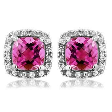 Cushion Pink Topaz Stud Earrings with Diamond Halo 14KT Gold Cushion Pink Topaz Stud Earrings with Diamond Halo 14KT Gold
