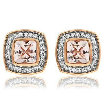 Cushion Morganite Stud Earrings with Diamond Frame 14KT Rose Gold