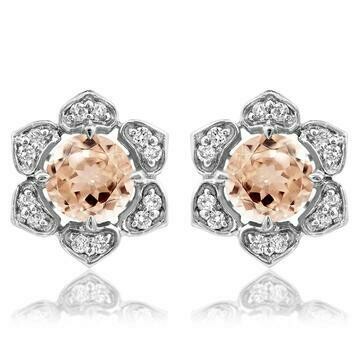 Floral Morganite Stud Earrings with Diamond Frame 14KT Gold Floral Morganite Stud Earrings with Diamond Frame 14KT Gold