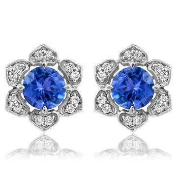 Floral Tanzanite Stud Earrings with Diamond Frame 14KT Gold Floral Tanzanite Stud Earrings with Diamond Frame 14KT Gold