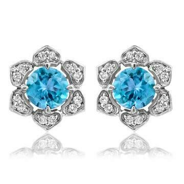 Floral Blue Topaz Stud Earrings with Diamond Frame 14KT Gold Floral Blue Topaz Stud Earrings with Diamond Frame 14KT Gold