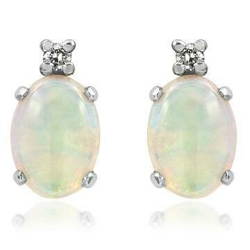 Oval Opal Stud Earrings with Diamond Accent 14KT Gold Oval Opal Stud Earrings with Diamond Accent 14KT Gold