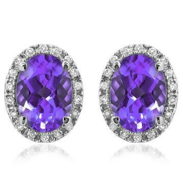 Oval Amethyst Stud Earrings with Diamond Frame 14KT Gold