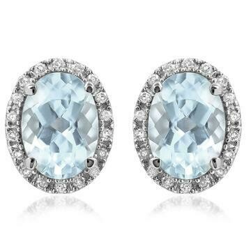 Oval Aquamarine Stud Earrings with Diamond Frame 14KT Gold Oval Aquamarine Stud Earrings with Diamond Frame 14KT Gold