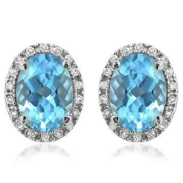 Oval Blue Topaz Stud Earrings with Diamond Frame 14KT Gold Oval Blue Topaz Stud Earrings with Diamond Frame 14KT Gold
