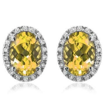 Oval Citrine Stud Earrings with Diamond Frame 14KT Gold Oval Citrine Stud Earrings with Diamond Frame 14KT Gold