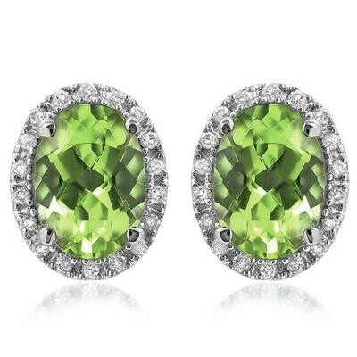 Oval Peridot Stud Earrings with Diamond Frame 14KT Gold Oval Peridot Stud Earrings with Diamond Frame 14KT Gold