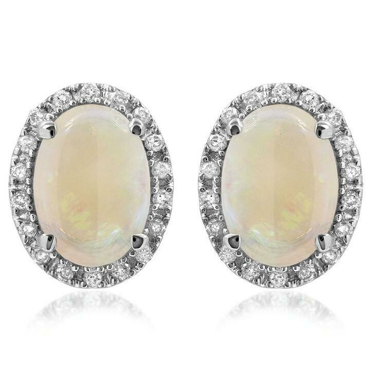 Oval Opal Stud Earrings with Diamond Frame 14KT Gold