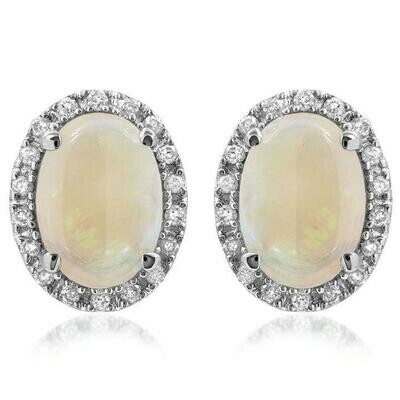 Oval Opal Stud Earrings with Diamond Frame 14KT Gold Oval Opal Stud Earrings with Diamond Frame 14KT Gold