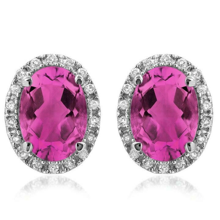 Oval Pink Topaz  Stud Earrings with Diamond Frame 14KT Gold