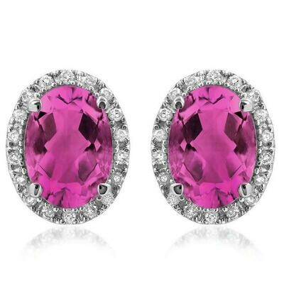 Oval Pink Topaz Stud Earrings with Diamond Frame 14KT Gold Oval Pink Topaz Stud Earrings with Diamond Frame 14KT Gold