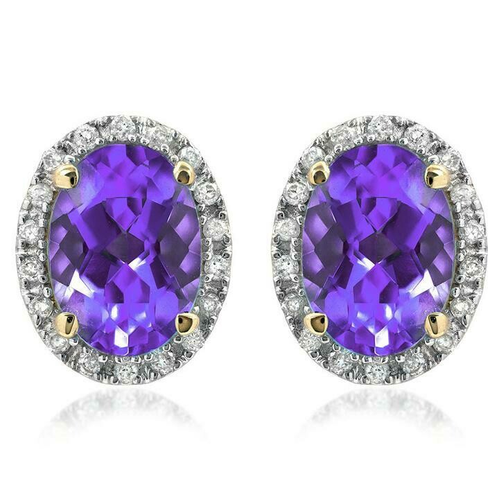 Oval Amethyst Stud Earrings with Diamond Frame Yellow Gold Oval Amethyst Stud Earrings with Diamond Frame Yellow Gold