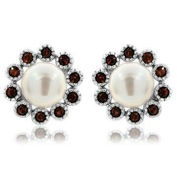 Floral Pearl Stud Earrings Framed with Ruby 14KT White Gold