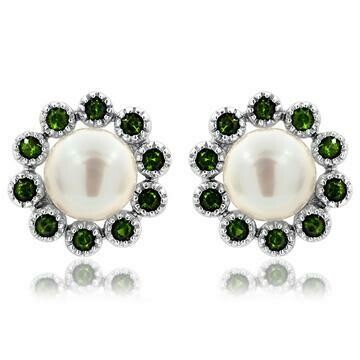 Floral Pearl Stud Earrings Framed with Emerald 14KT White Gold