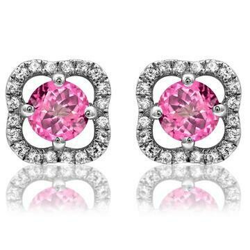 Clover Pink Topaz Stud Earrings with Diamond Frame 14KT Gold Clover Pink Topaz Stud Earrings with Diamond Frame 14KT Gold