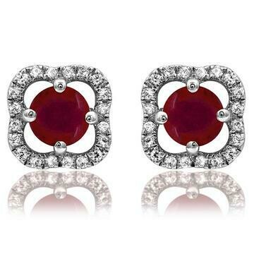 Clover Ruby Stud Earrings with Diamond Frame 14KT Gold