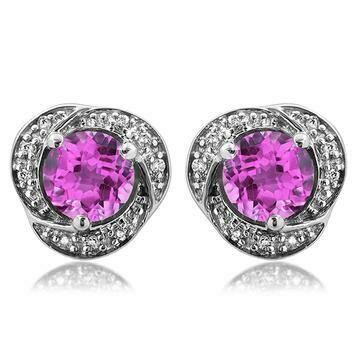 Pink Topaz Whirl Stud Earrings with Diamond Frame 14KT Gold