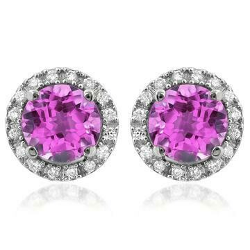 Pink Topaz Stud Earrings with Diamond Halo 14KT Gold Pink Topaz Stud Earrings with Diamond Halo 14KT Gold