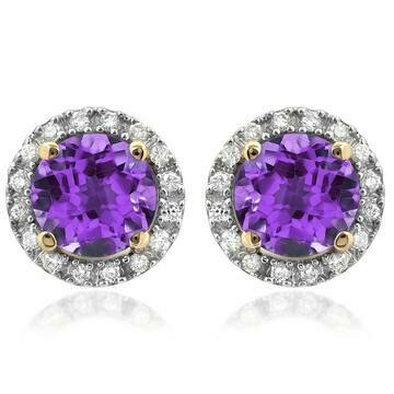 Amethyst Stud Earrings with Diamond Frame Yellow Gold Amethyst Stud Earrings with Diamond Frame Yellow Gold