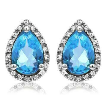 Pear Blue Topaz Stud Earrings with Diamond Halo 14KT Gold Pear Blue Topaz Stud Earrings with Diamond Halo 14KT Gold
