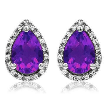 Pear Amethyst Stud Earrings with Diamond Halo 14KT Gold