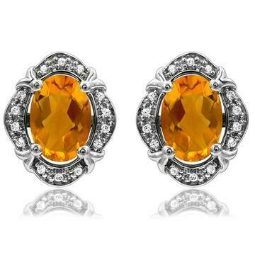Vintage Inspired Oval Citrine Earrings with Diamond Frame 14KT Gold Vintage Inspired Oval Citrine Earrings with Diamond Frame 14KT Gold