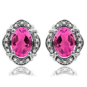 Vintage Inspired Oval Pink Topaz Earrings with Diamond Frame 14KT Gold