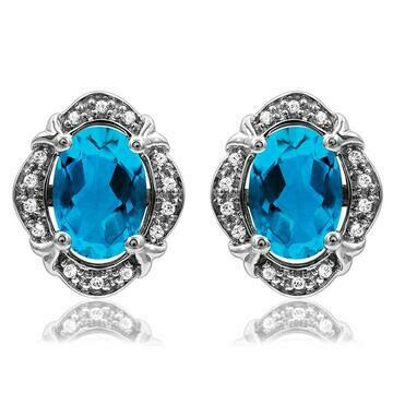 Vintage Inspired Oval Blue Topaz Earrings with Diamond Frame 14KT Gold Vintage Inspired Oval Blue Topaz Earrings with Diamond Frame 14KT Gold