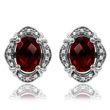 Vintage Inspired Oval Garnet Earrings with Diamond Frame 14KT Gold Vintage Inspired Oval Garnet Earrings with Diamond Frame 14KT Gold