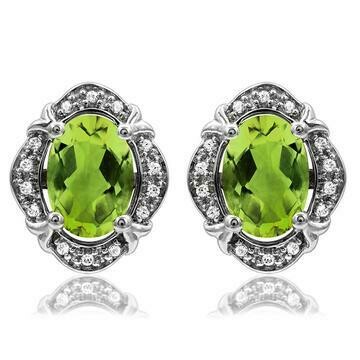 Vintage Inspired Oval Peridot Earrings with Diamond Frame 14KT Gold