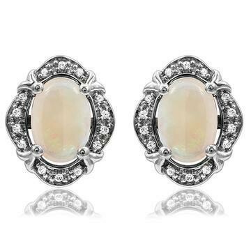 Vintage Inspired Oval Opal Earrings with Diamond Frame 14kt Gold