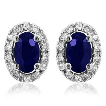 Oval Blue Sapphire Stud Earrings with Diamond Halo 14KT Gold