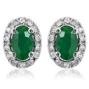 Oval Emerald Stud Earrings with Diamond Halo 14KT Gold