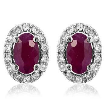 Oval Ruby Stud Earrings with Diamond Halo 14KT Gold