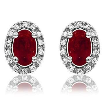 Oval Ruby Stud Earrings with Diamond Halo 14KT Gold Oval Ruby Stud Earrings with Diamond Halo 14KT Gold
