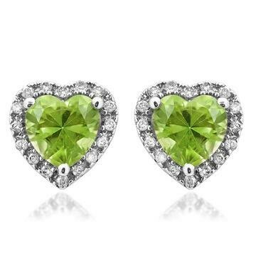 Heart Peridot Stud Earrings with Diamond Halo 14KT Gold