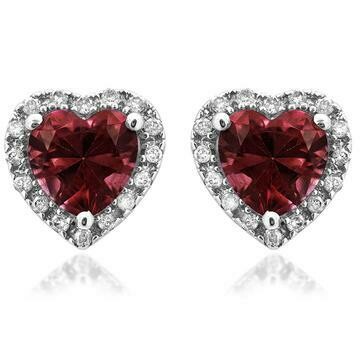 Heart Garnet Stud Earrings with Diamond Halo 14KT Gold Heart Garnet Stud Earrings with Diamond Halo 14KT Gold