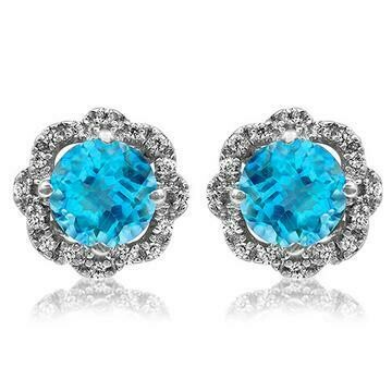 Floral Blue Topaz Earrings with Diamond Frame 14KT Gold