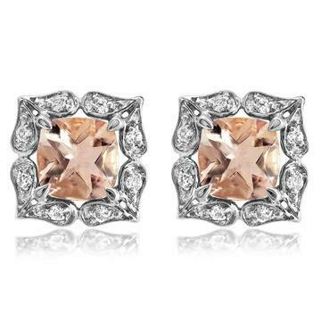 Floral Morganite Stud Earrings with Diamond Frame 14KT Gold