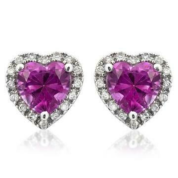 Heart Pink Topaz Stud Earrings with Diamond Halo 14KT Gold