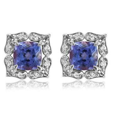 Floral Tanzanite Stud Earrings with Diamond Frame 14KT Gold