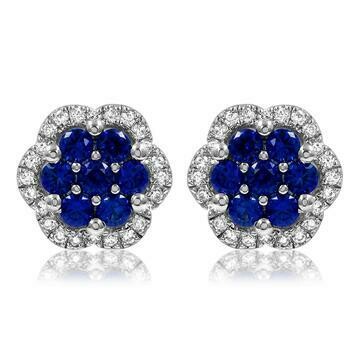 Floral Blue Sapphire Cluster Stud Earrings with Diamond Frame 14KT Gold Floral Blue Sapphire Cluster Stud Earrings with Diamond Frame 14KT Gold