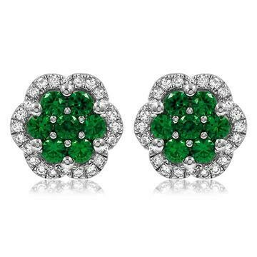 Floral Emerald Cluster Stud Earrings with Diamond Frame 14KT Gold Floral Emerald Cluster Stud Earrings with Diamond Frame 14KT Gold
